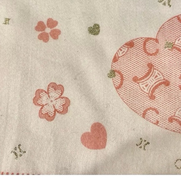 CELINE Cotton Scarf TRIOMPHE Logo White w/Pink Hearts 19" x 19" Kerchief w/Box - Picture 6 of 10